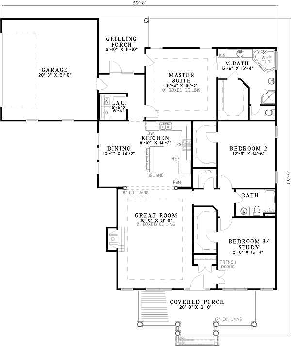 Plan 59149ND: Single-Story Southern Home Plan with 3-Beds - Floor Plan - Main Level - Ranch