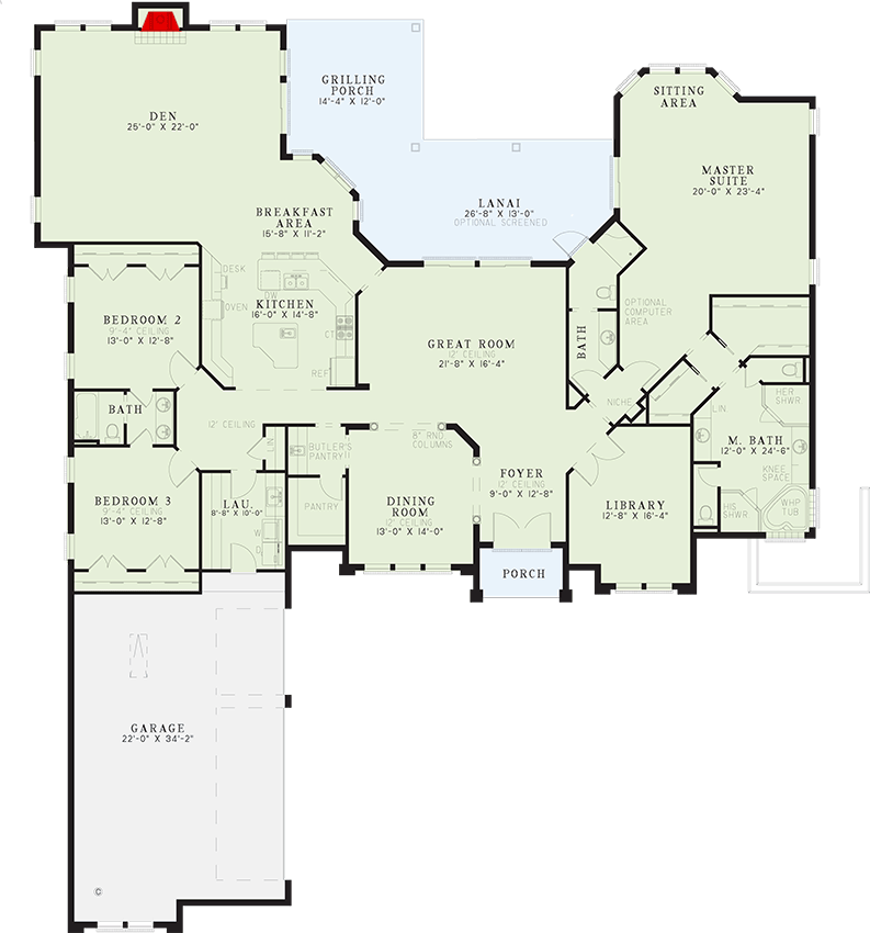 Plan 59176ND: Elegant Florida-Style House Plan with 3-Car Courtyard Garage - Floor Plan - Main Level - Florida-Style, Southern