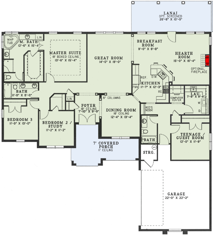 Plan 59177ND: Spacious Florida-Style Ranch House Plan with Versatile Living and Courtyard Garage - Floor Plan - Main Level - Florida-Style, Ranch, Southern