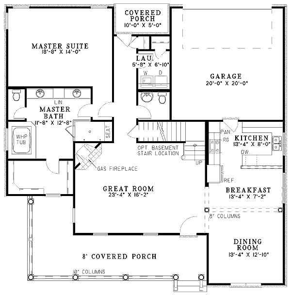 Plan 59206ND:  Country House Plan with Wrap-Around Porch and Main Level Master - Floor Plan - Main Level - Country, Traditional