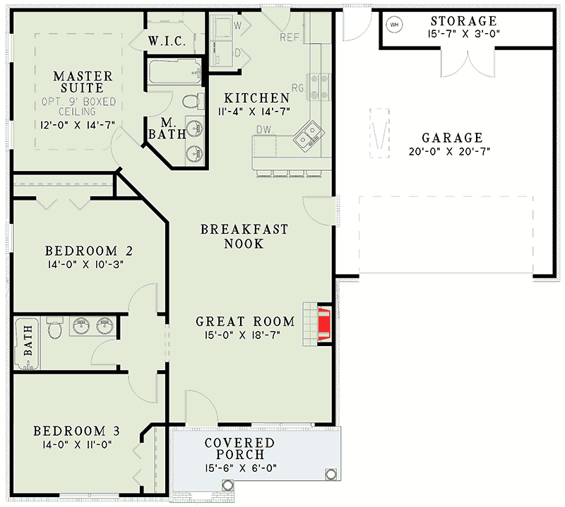 Plan 59233ND: 1250 Square Foot 3-Bed House Plan with 2-Car Garage - Floor Plan - Main Level - Traditional