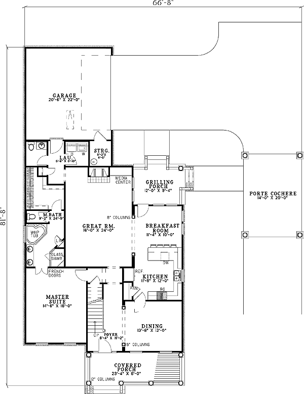 Plan 59293ND: Country House Plan with Protective Porte-Cochere - Floor Plan - Main Level - Country, Craftsman, Traditional