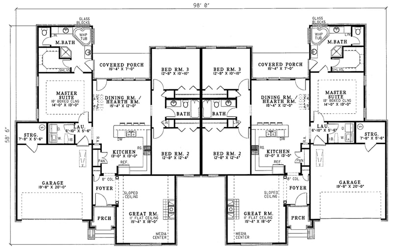 Plan 59312ND: Lovely Duplex Design - Floor Plan - Main Level - Southern, Traditional