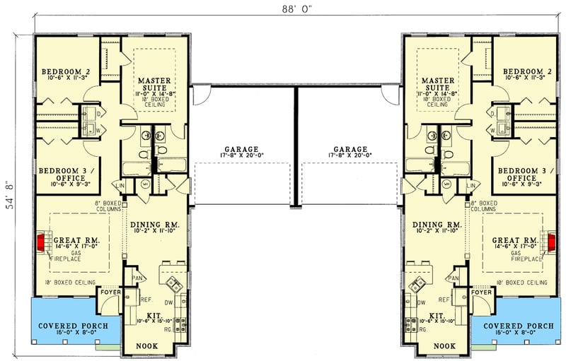 Plan 59323ND: Beautifully Combined Duplex with Matching 1279 Sq Ft 3 Bedroom Units - Floor Plan - Main Level - Traditional