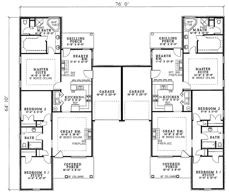 Plan 59327ND: One Story Duplex House Plan - 3 Beds. 2 Baths - 1398 Sq Ft - Floor Plan - Main Level - Traditional