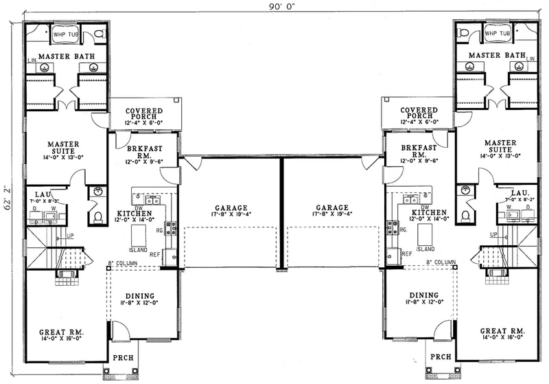 Plan 59332ND: Two-Story Duplex House Plan with 3 Bed Units - 1771 Sq Ft Each - Floor Plan - Main Level - Southern, Traditional