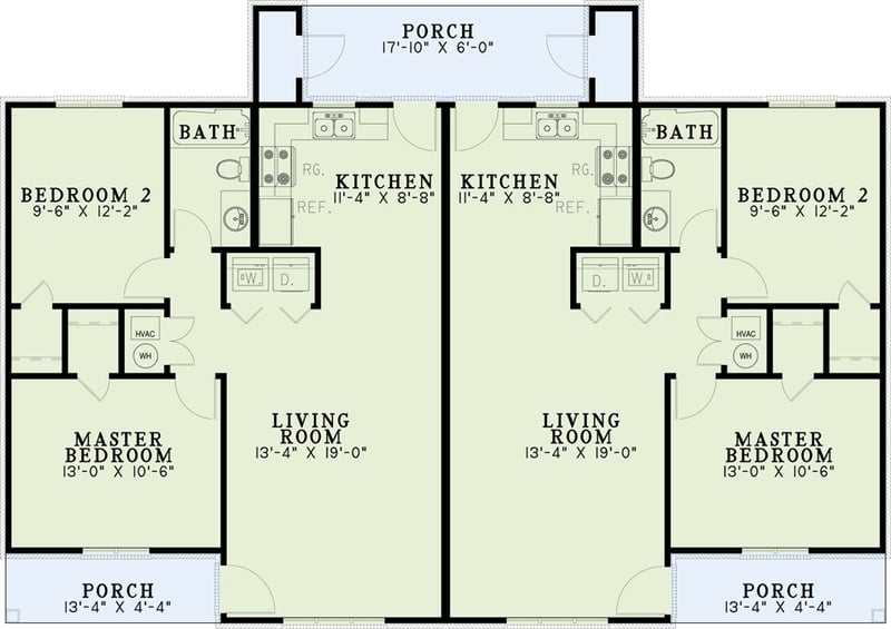 Plan 59366ND: Duplex House Plan with Private 2-Bed Units Under 900 Square Feet Each - Floor Plan - Main Level - Ranch, Southern, Traditional