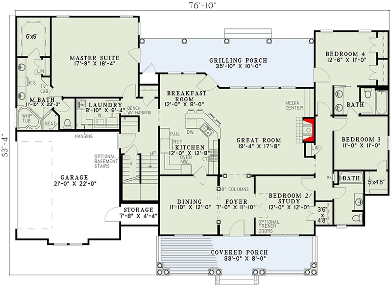 Plan 59380ND: Country Home Plan with Two Bonus Rooms - 2373 Sq Ft - Floor Plan - Main Level - Country, Craftsman, Rustic, Traditional