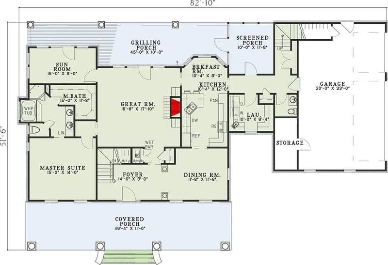 Plan 59468ND: 2476 Sq Ft Southern Traditional House Plan with 3-Car Side-Entry Garage - Floor Plan - Main Level - Country, Southern, Southern Traditional, Traditional