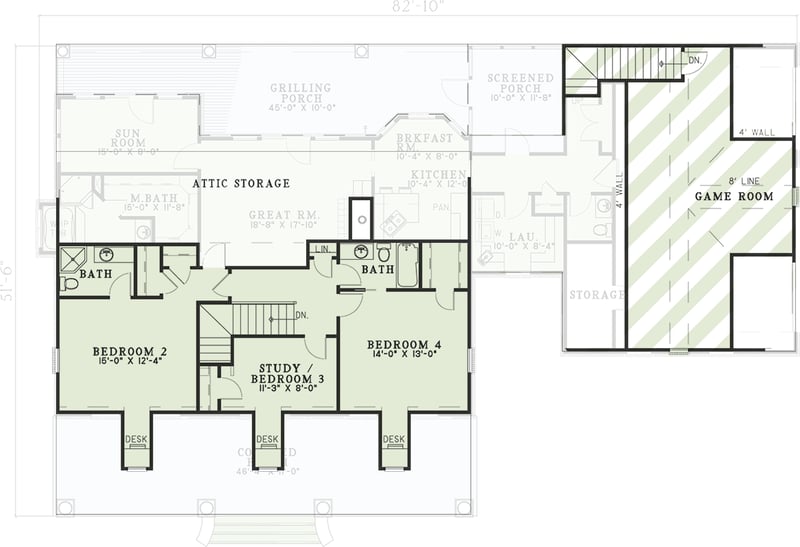 Plan 59468ND: 2476 Sq Ft Southern Traditional House Plan with 3-Car Side-Entry Garage - Floor Plan - 2nd Floor - Country, Southern, Southern Traditional, Traditional