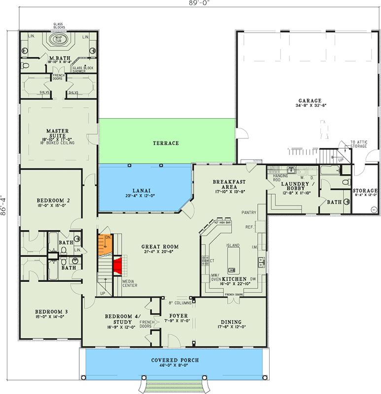 Plan 59471ND: Spacious Ranch House Plan with Bonus Room and Expansive Outdoor Terrace - Floor Plan - Main Level - Ranch, Southern