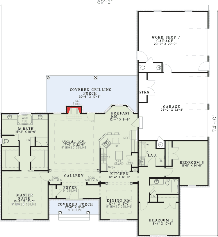 Plan 59564ND: One-Story House Plan Under 2100 Square Feet with 3 Beds and a Garage Workshop - Floor Plan - Main Level - Ranch, Traditional