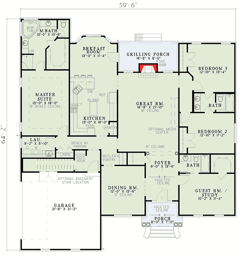Plan 59573ND: Charming Exterior and Street Appeal - Floor Plan - Main Level - Traditional