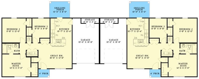Plan 59624ND: Three Bedroom Duplex - Floor Plan - Main Level