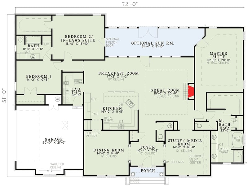 Plan 59638ND: 3-Bed Brick Home Plan Two Master Suites - Floor Plan - Main Level - Traditional