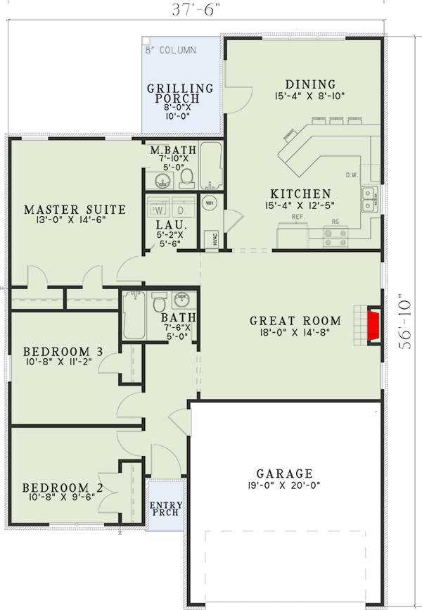 Plan 59780ND: Starter Home Plan with Options - 1356 Sq Ft - Floor Plan - Main Level - Ranch, Southern
