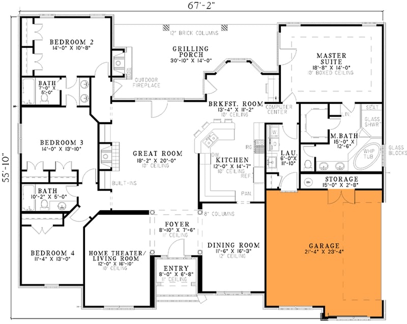 Plan 59811ND: One Story House Plan with a Stately Brick Exterior - 2525 Sq Ft - Floor Plan - 2-Car Side Garage Option (+$250) - European, Ranch, Southern, Traditional