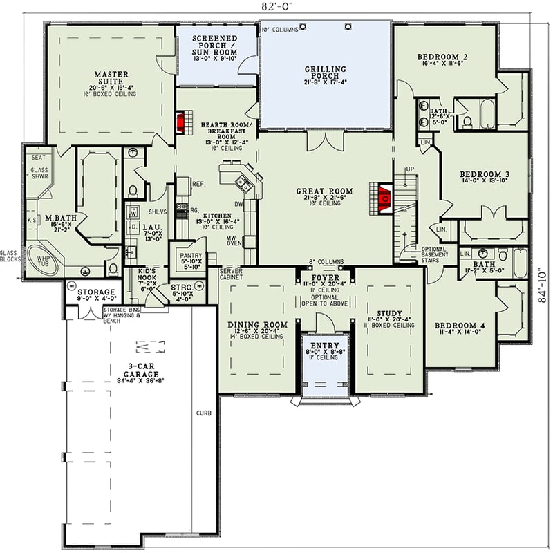 Plan 59903ND: 4-Bed House Plan with Upstairs Expansion - 3624 Sq Ft - Floor Plan - Main Level - Southern, Traditional