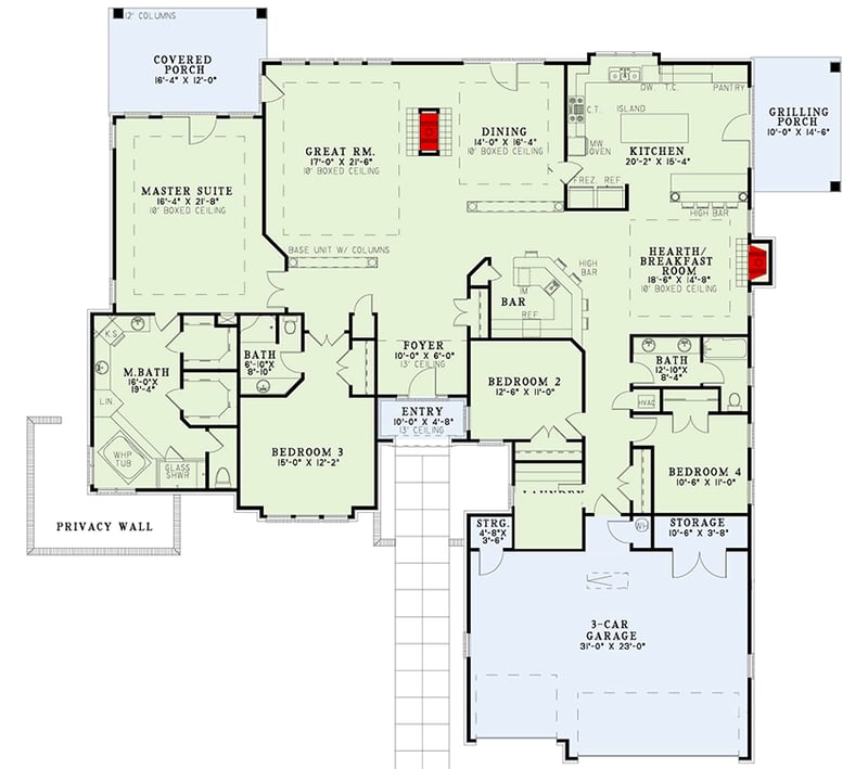 Plan 59956ND: 4-Bed Spacious Southern Ranch Home with Two-Sided Fireplace - 3438 Sq Ft - Floor Plan - Main Level - Ranch, Southern