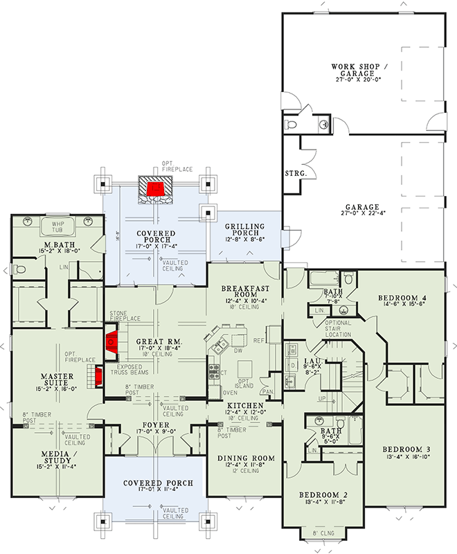 Plan 59977ND: Rich And Rustic 4-Bed House Plan - Floor Plan - Main Level - Craftsman, Rustic, Vacation