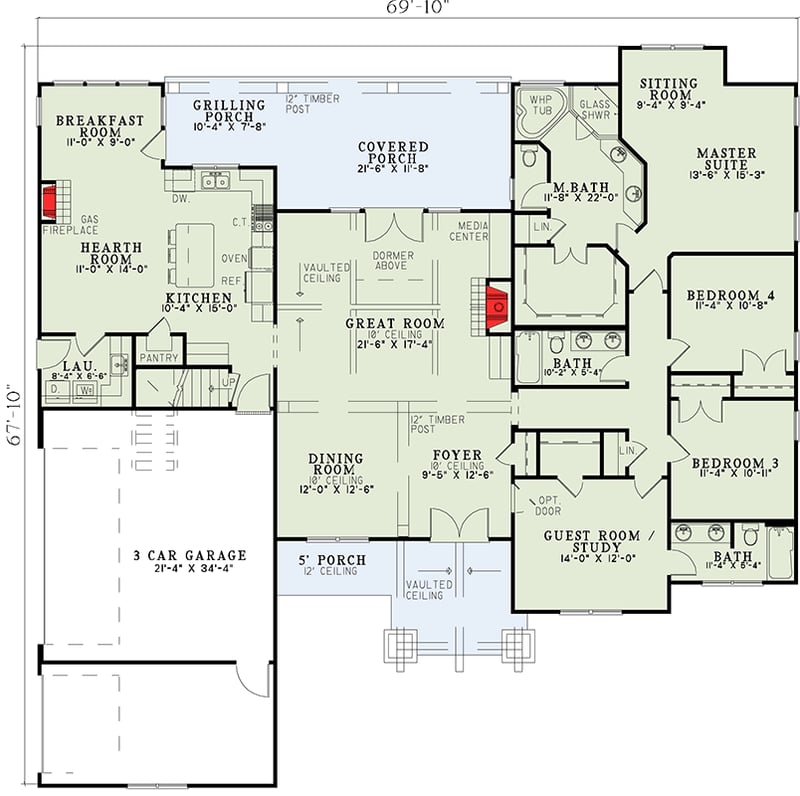 Plan 59979ND: Rustic One-Story Craftsman Home Plan with Beautiful Vaulted Entry - Floor Plan - Main Level - Country, Craftsman, Ranch, Rustic