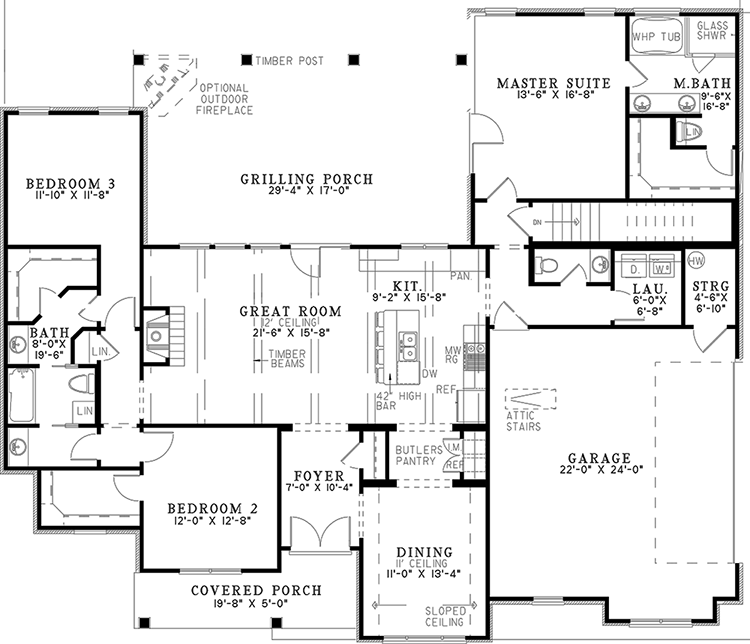 Plan 60508ND: 3 Bed House Plan with 17'-Deep Outdoor Living Room - Floor Plan - Main Level with Lower Level Stairs - Country, Craftsman, Mountain