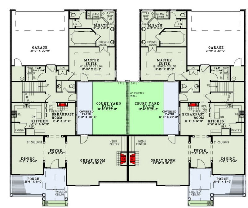 Plan 60509ND: Spacious Duplex with Courtyard and Bonus Space Options - Floor Plan - Main Level - Traditional