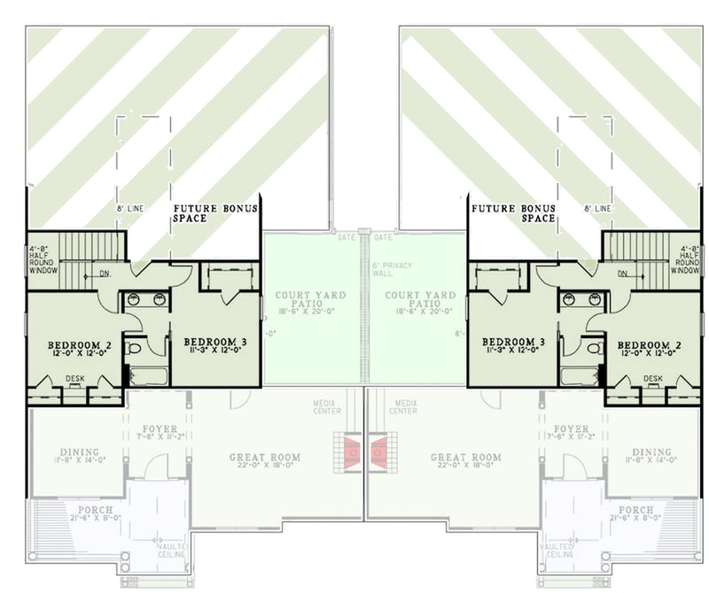 Plan 60509ND: Spacious Duplex with Courtyard and Bonus Space Options - Floor Plan - 2nd Floor - Traditional
