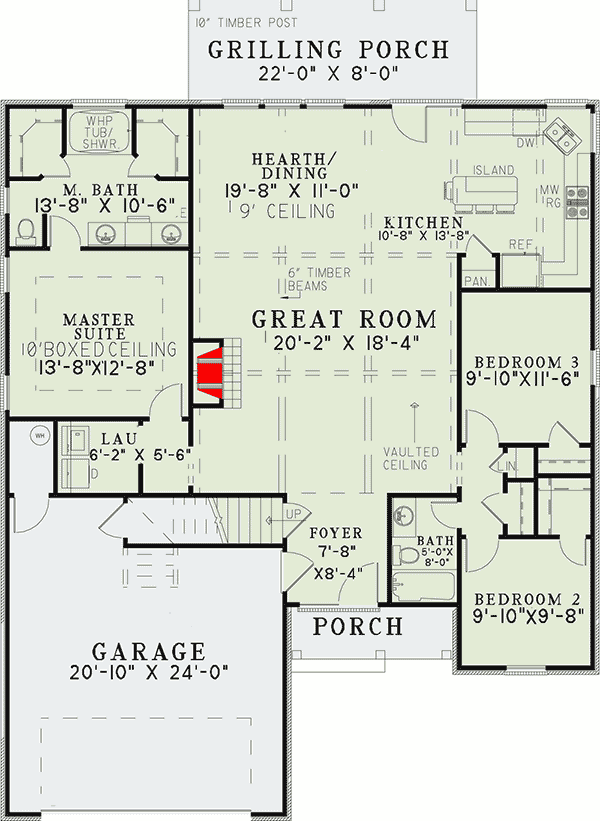 Plan 60555ND: 3-Bed House Plan with Clipped Gable and a Rear Grilling Porch - 1572 Sq Ft - Floor Plan - Main Level - European