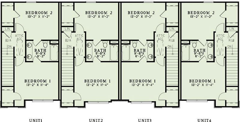 Plan 60560ND: Attractive 4-Plex House Plan with Matching 1053 Sq Ft 2 Bed 2 Bath Units - Floor Plan - 2nd Floor - European, Traditional, Tuscan