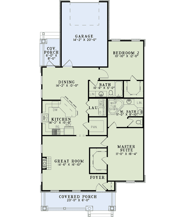 Plan 60572ND: Two Bedroom Arts & Crafts - Floor Plan - Main Level - Cottage, Southern