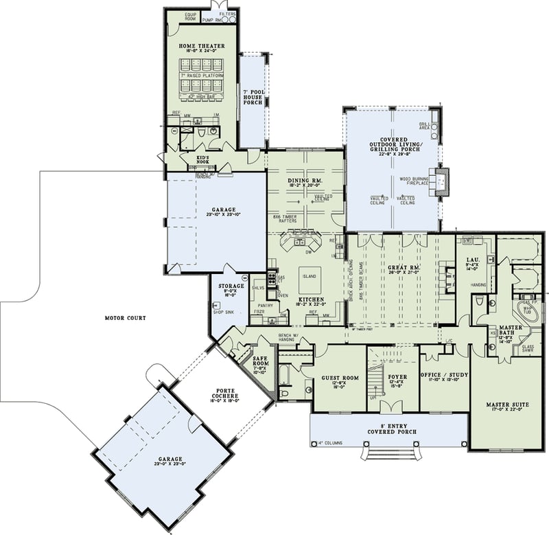 Plan 60593ND: Six Bedrooms for the Large Family - Floor Plan - Main Level - European, French Country