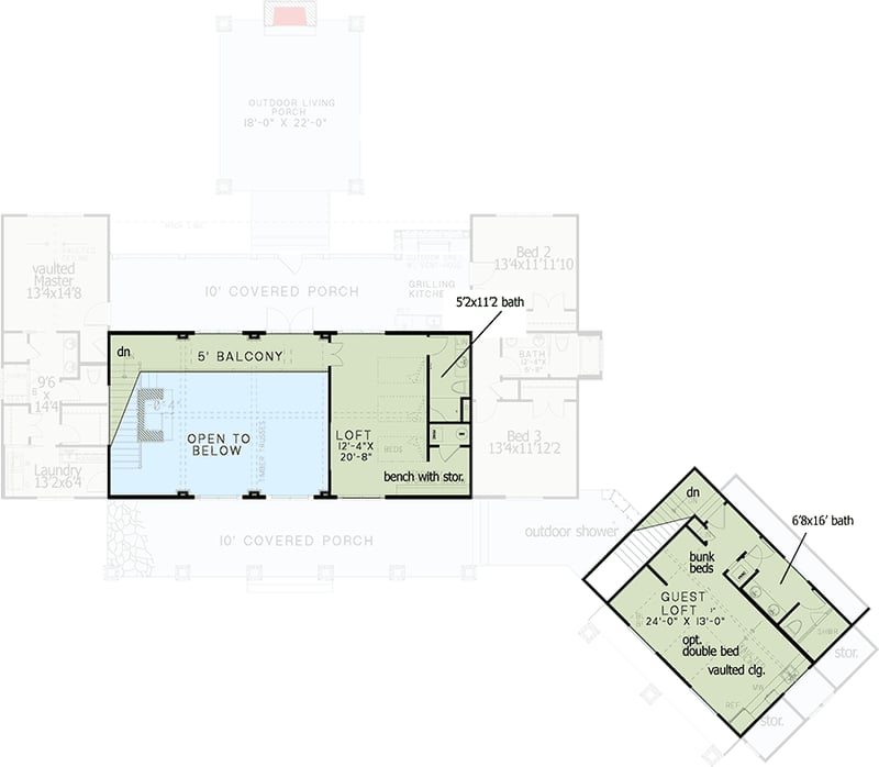 Plan 60597ND: Shingle-style Home Plan With Guest Loft and Angled Garage with  - Floor Plan - 2nd Floor - Cabin, Country, Craftsman, Farmhouse, Modern Farmhouse, Northwest, Rustic, Shingle