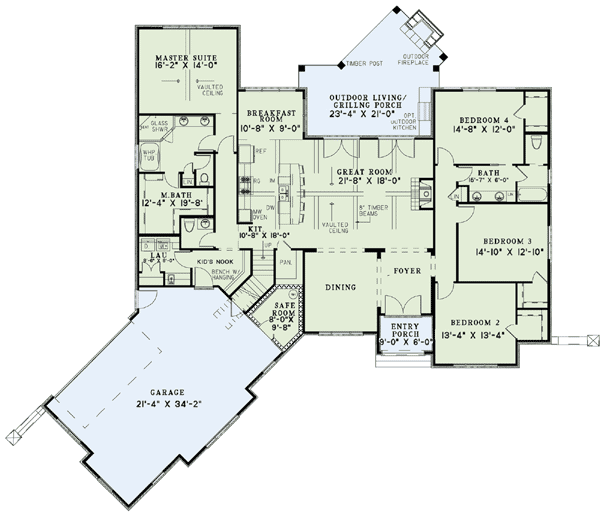 Plan 60619ND: European-Style House Plan with Angled Garage With Bonus and Safe Room- 2617 Sq Ft - Floor Plan - Main Level - European, French Country