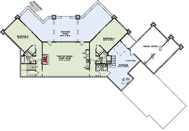 Plan 60627ND: Impressive 4800 Square Foot Prairie Style Home Plan with Porte Cochere - Floor Plan - Lower Level - Contemporary, Prairie, Ranch