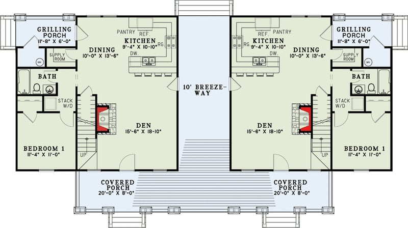 Plan 60645ND: Craftsman Duplex with Breezeway and 3 Bed Units Under 1400 Sq Ft - Floor Plan - Main Level - Cabin, Country, Log Cabin, Traditional