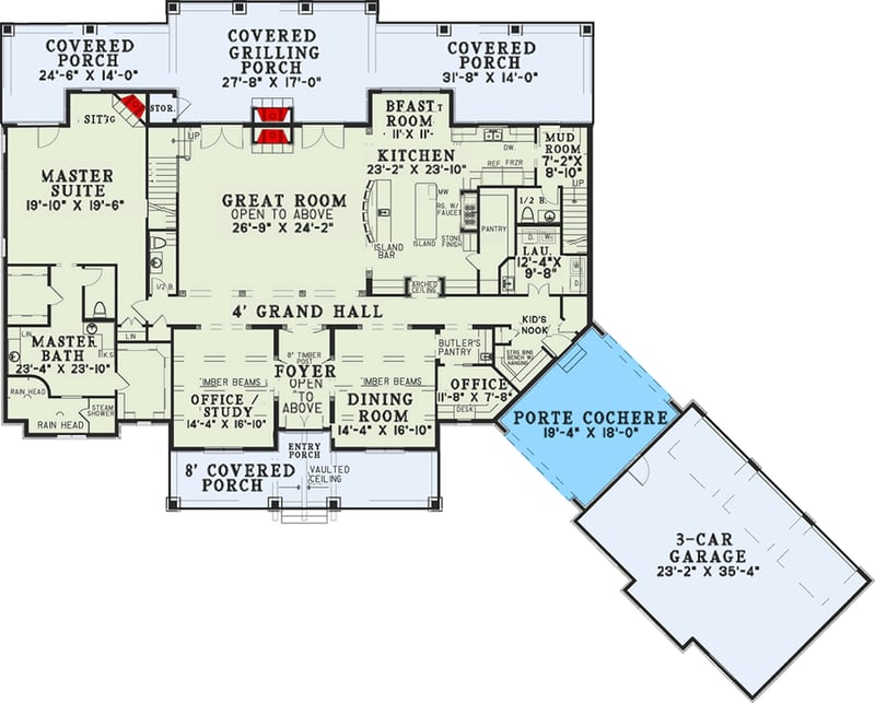 Plan 60651ND: Six Bedroom House Plan With Style - Floor Plan - Main Level - European, French Country