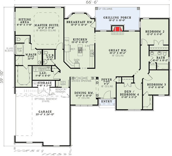 Plan 60672ND: Split Bed Ranch with 3 or 4 Beds - Floor Plan - Main Level - Ranch, Traditional