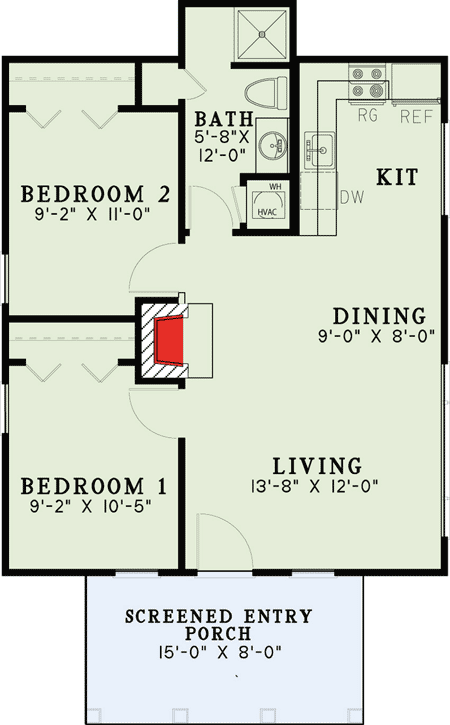 Plan 60677ND: 2 Bed Rustic Getaway House Plan - 691 Sq Ft - Floor Plan - Main Level - Cabin, Cottage, Mountain, Rustic, Vacation