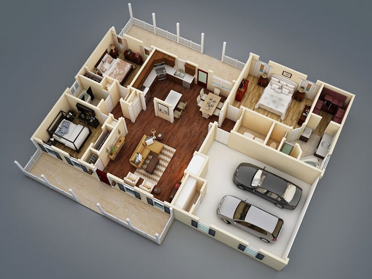 Plan 62099V: Split Bedroom Country Ranch - Floor Plan - 3D View - Country, Ranch