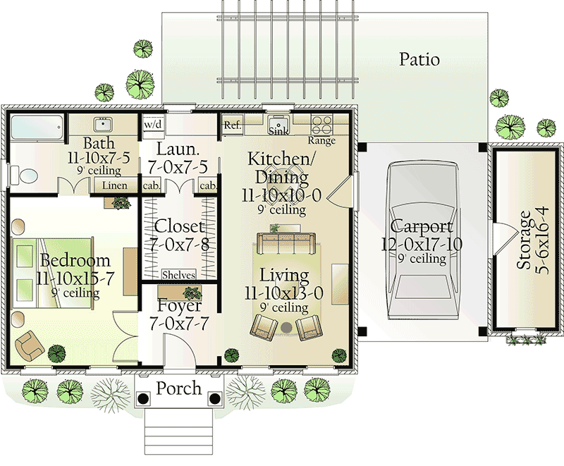 Plan 62123V: 1-Bed House Plan with Carport - 815 Sq Ft - Architectural Designs - Floor Plan - Main Level - Traditional