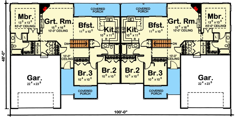 Plan 62405DJ: One-Story Two-Family House Plan - Floor Plan - Main Level