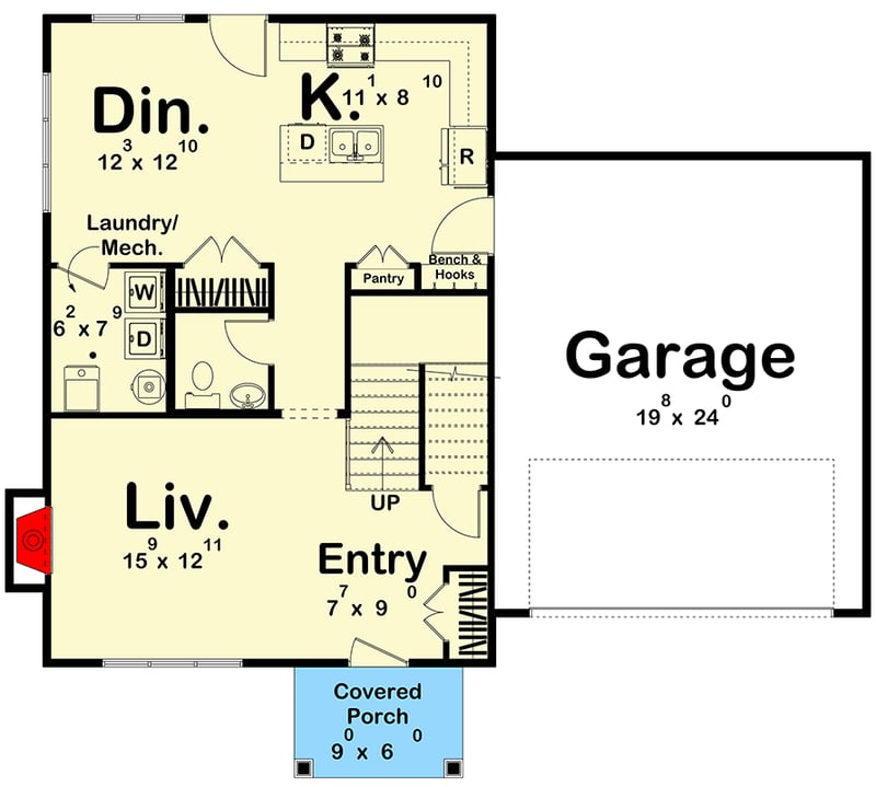 Plan 62411DJ: Charming 3-Bedroom Modern Farmhouse Plan with 1558 Sq Ft and 2-Car Garage - Floor Plan - Main Level - Country, Traditional