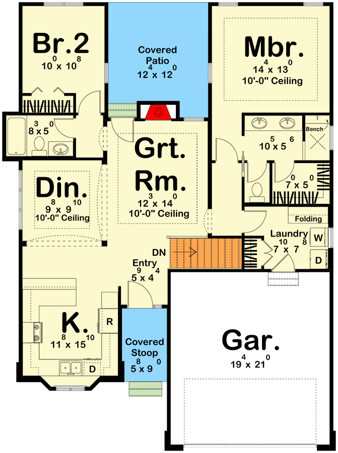 Plan 62503DJ: 2-Bed Traditional House Plan with Formal Dining Room - 1267 Sq Ft - Floor Plan - Main Level - Ranch, Southern, Traditional