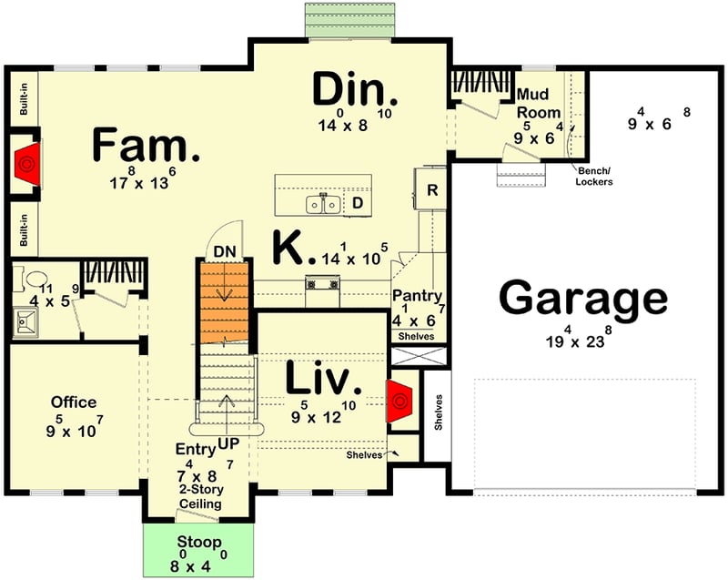 Plan 62511DJ: Two-Story Colonial House Plan with Home Office - 1998 Sq Ft - Floor Plan - Main Level - Colonial, Traditional