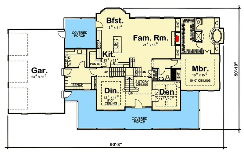 Plan 62580DJ: 4-Bed Farmhouse Plan with 2-Story Family Room - Floor Plan - Main Level - Country, Farmhouse