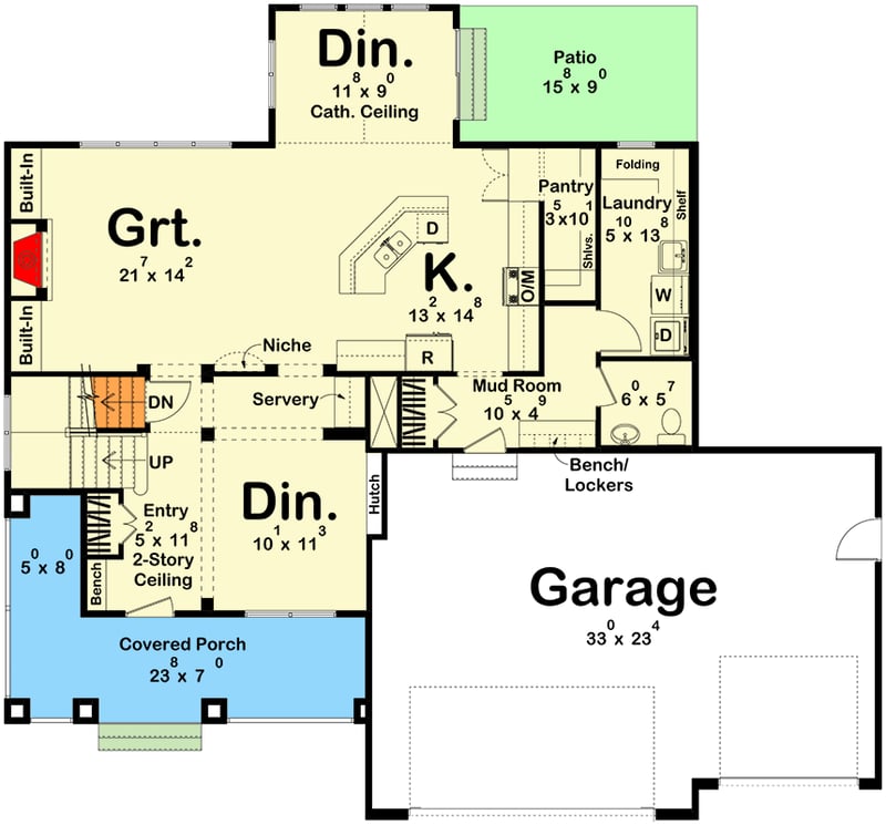 Plan 62626DJ: 4-Bedroom New Traditional House Plan with 4-Beds Upstairs - 2580 Sq Ft  - Floor Plan - Main Level - Country, New American, Traditional