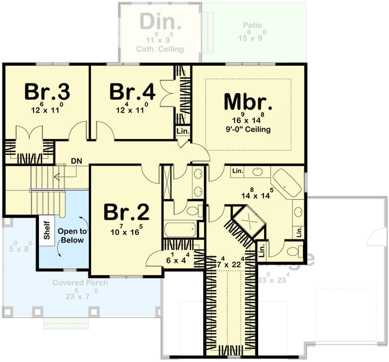 Plan 62626DJ: 4-Bedroom New Traditional House Plan with 4-Beds Upstairs - 2580 Sq Ft  - Floor Plan - 2nd Floor - Country, New American, Traditional