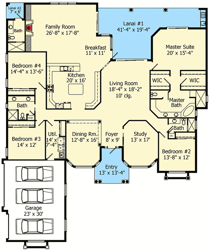 Plan 64301BT: Spacious Mediterranean House Plan - Floor Plan - Main Level - Florida-Style