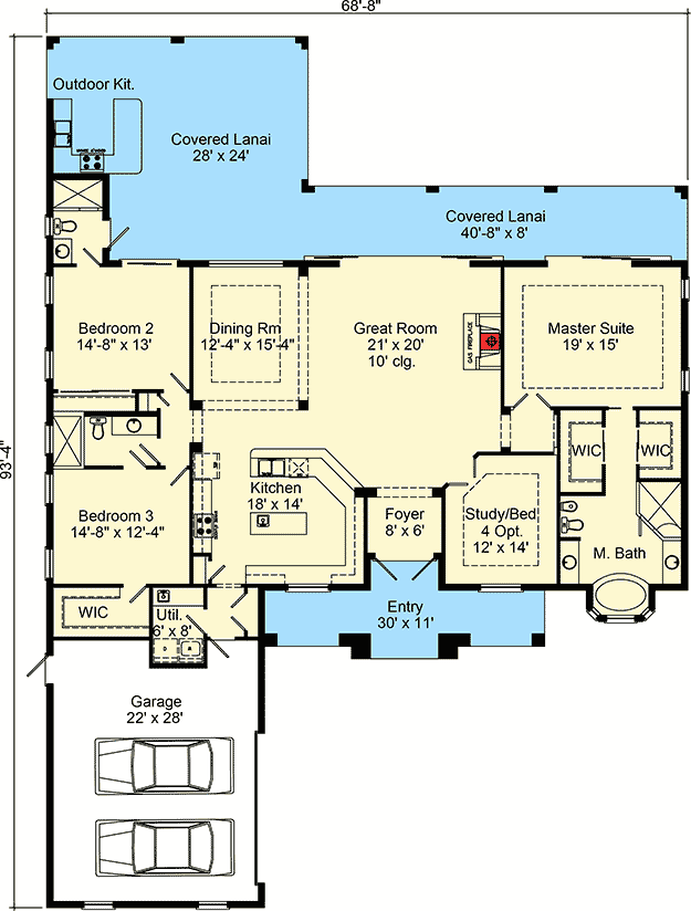 Plan 64302BT: Mediterranean with Optional Fourth Bedroom - Floor Plan - Main Level - Florida-Style, Mediterranean, Spanish